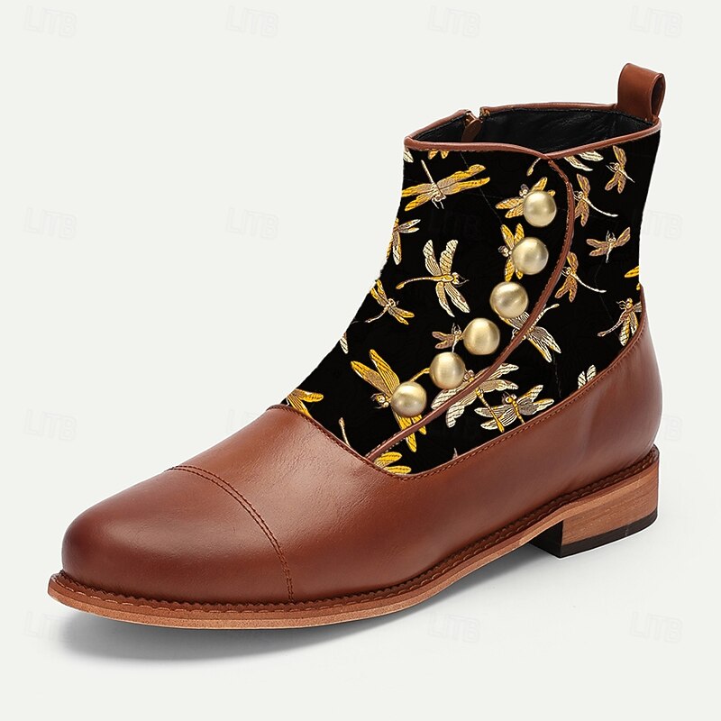 Men's Victorian Faux Leather Ankle Boots with Embroidered Dragonfly Jacquard Fabric and Gold Button Accents – Vintage-Inspired Dress Boots3