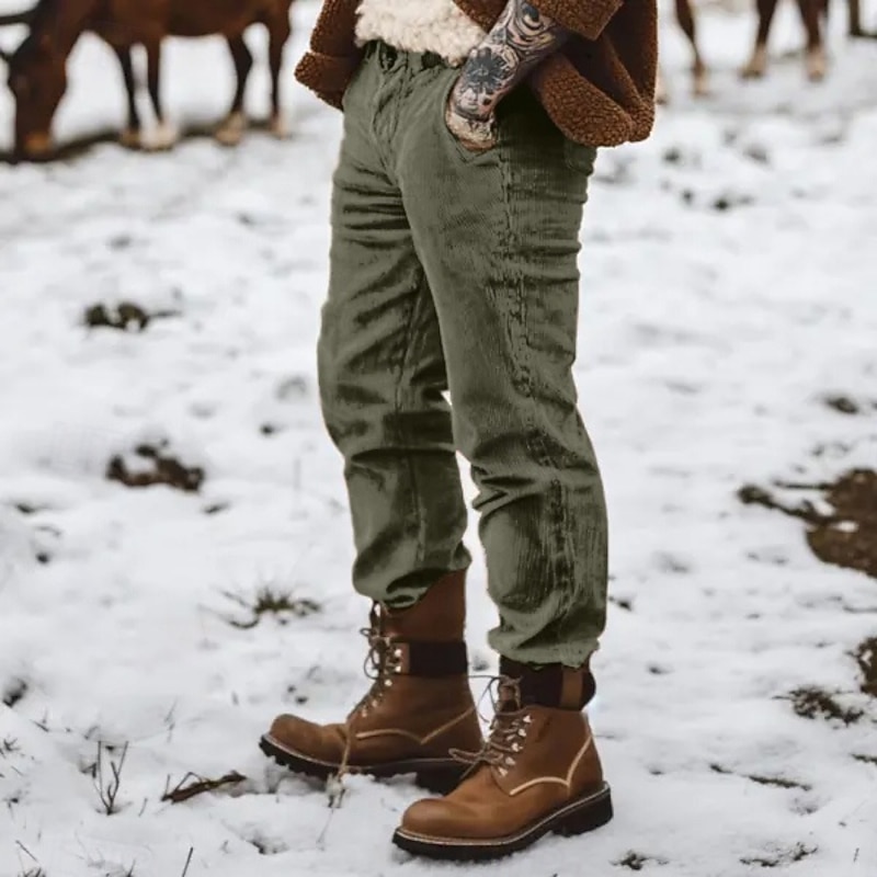 Men's Dress Pants Corduroy Pants Trousers Slacks Pocket Buttons Plain Comfort Soft Full Length Sports Outdoor Daily Fashion Casual Lake blue ArmyGreen Micro-elastic3