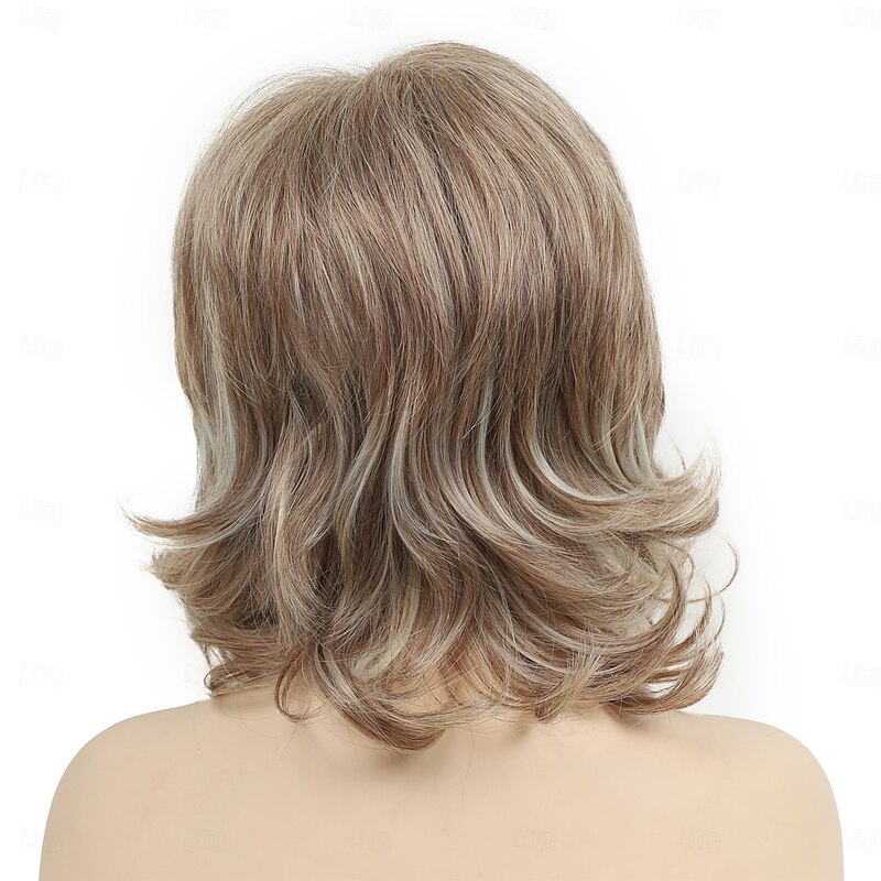 Short Brown  Wigs 14 Inch Wavy Curly Wig Shoulder Length Middle Part Wigs Natural Looking Synthetic Blonde Hair Wigs for Women Daily Party Use4