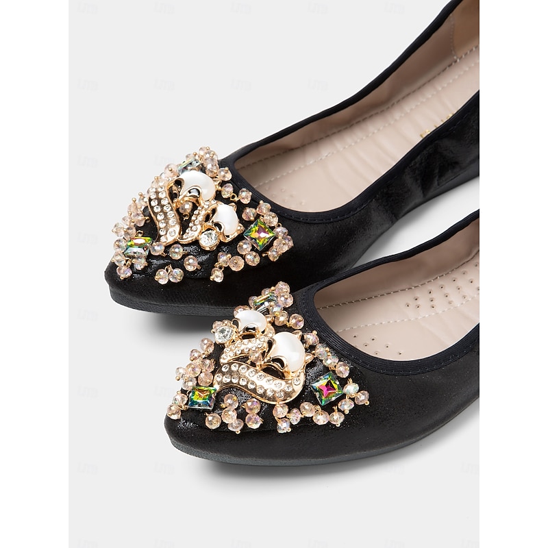 Women's Black Foldable Ballet Flats with Rhinestone & Pearl Embellishments - Compact Travel Shoes for Special Occasions & Everyday Comfort4
