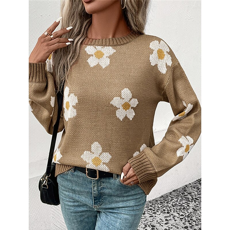 Women's Sweater Pullover Sweater Jumper Casual Soft Floral Ribbed Crew Neck Pocket Knitted Long Sleeve Regular Tops Knit Outdoor Daily Weekend Blue Green Fall Winter