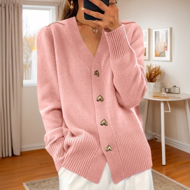 Women's Valentine Pink Sweater Cardigan Sweater Jacket V Neck Knit Button Knitted Spring Fall Daily Holiday Going out Cute Daily Soft Long Sleeve Pure Color Black White2