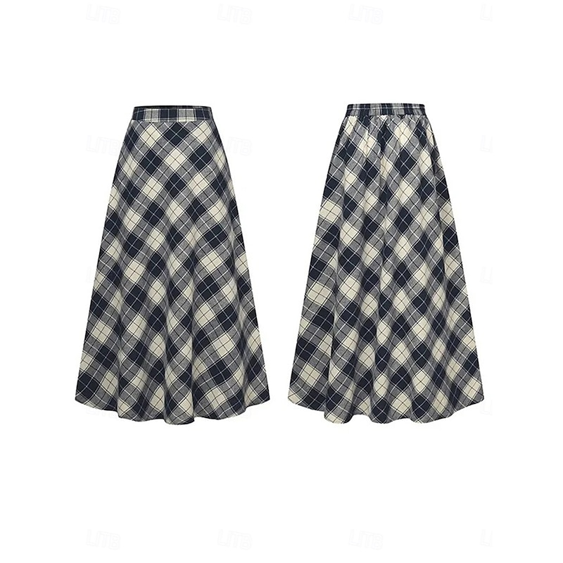 Women's Skirt A Line Maxi Skirts Pocket Print Plaid Street Daily Winter Fashion Casual Camel Black Blue2