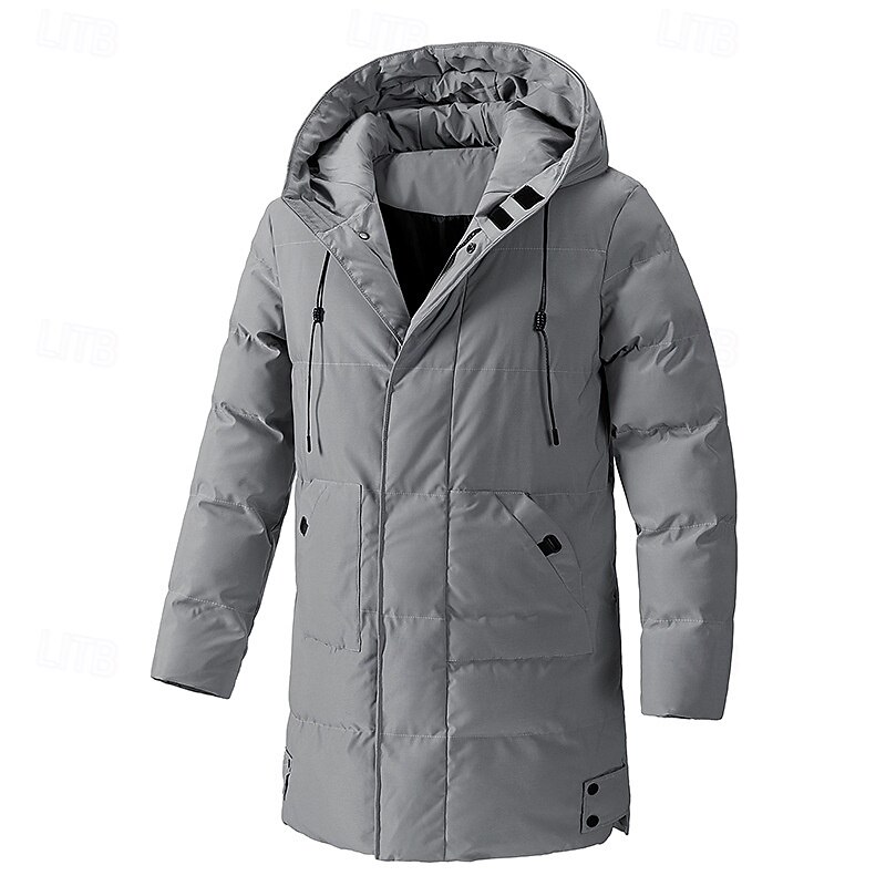 Men's Winter Jacket Puffer Jacket Hoodie Jacket Parka Pocket Polyster Fleece lined Daily Wear Date Vacation Long Fashion Casual Comfortable Thermal Warm Fall & Winter Solid / Plain Color Black Army