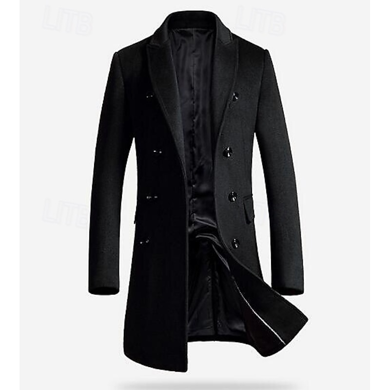 Men's Winter Coat Wool Coat Overcoat Work Street Winter Wool Windproof Warm Outerwear Clothing Apparel Solid Colored Notch lapel collar
