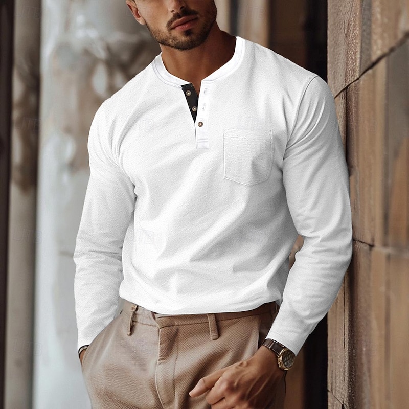 Men's T shirt Tee Henley Shirt Tee Long Sleeve Shirt Plain Henley Casual Holiday Long Sleeve Pocket Button Front Clothing Apparel Cotton Fashion Designer Comfortable Essential