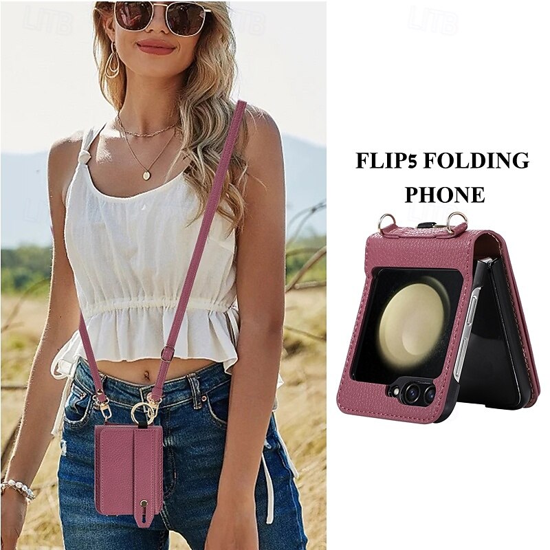 Phone Case For Z Flip 6 Z Flip 5 Back Cover with Stand Holder with Lanyard with Wrist Strap Retro TPU PU Leather3