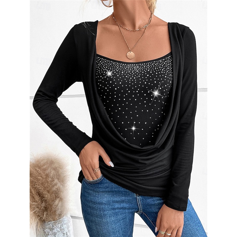 Women's Shirt Sequin Sparkly Party Solid Color Basic Casual Long Sleeve Crew Neck Regular Tops Daily Patchwork Black Wine Green Fall Winter4