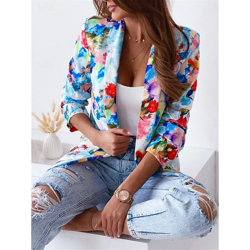 Women's Blazer Work Print Floral Breathable OL Style Regular Fit Outerwear Long Sleeve Fall Pink M4