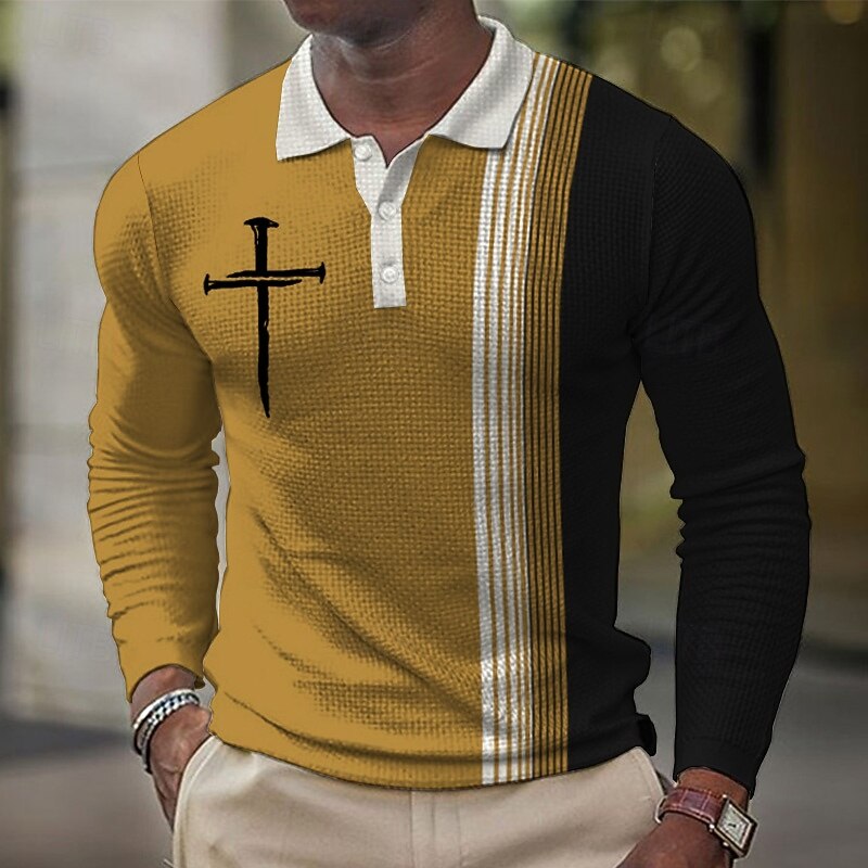 Men's Faith Waffle Polo Shirts Long Sleeve Polo Shirts Collar Vintage Casual Vacation Party Evening Wear Dailywear Buttons 3D Print Spring Fall Winter Black Yellow Blue3