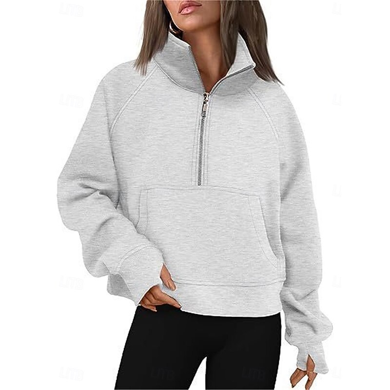 Women's Sweatshirt Casual Plain Street Dailywear High Neck Zipper Long Sleeve Black White Fall Winter