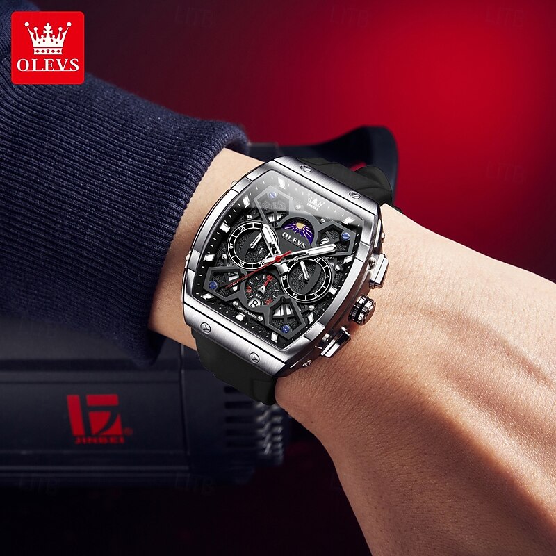 OLEVS Men Quartz Watch Fashion Casual Wristwatch Moon phase Luminous Calendar Waterproof Silicone Gel Watch3
