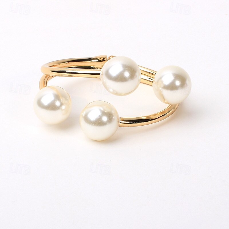 Gold Open Cuff Bracelet with Faux Pearls - Elegant and Modern Fashion Jewelry for Women3