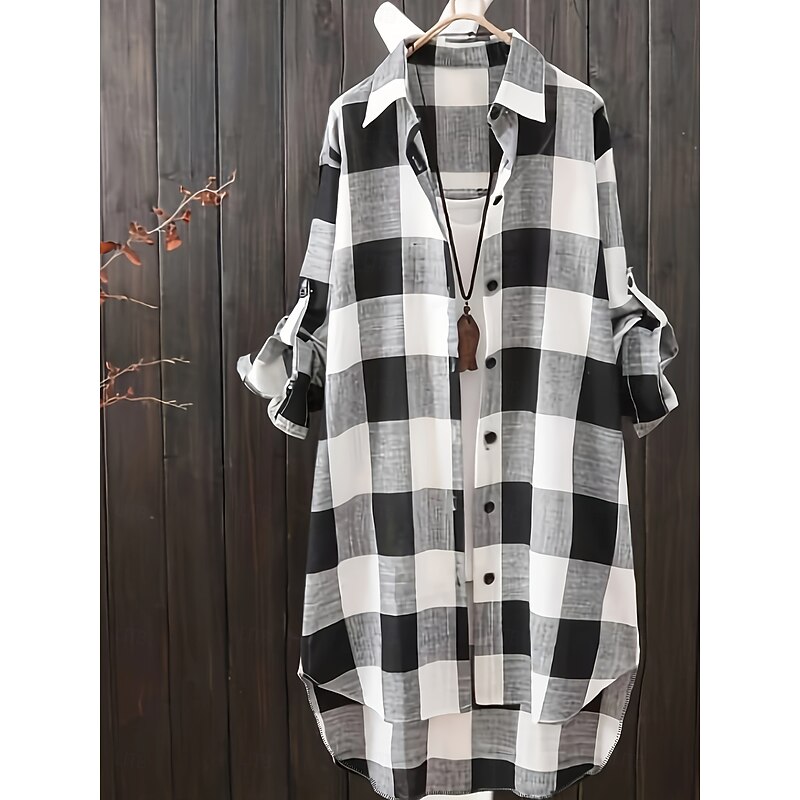 Women's Plus Size Tunic Shacket Plaid Daily Long Sleeve Shirt Collar Casual Holiday Buttons Black Pink Blue All Seasons2
