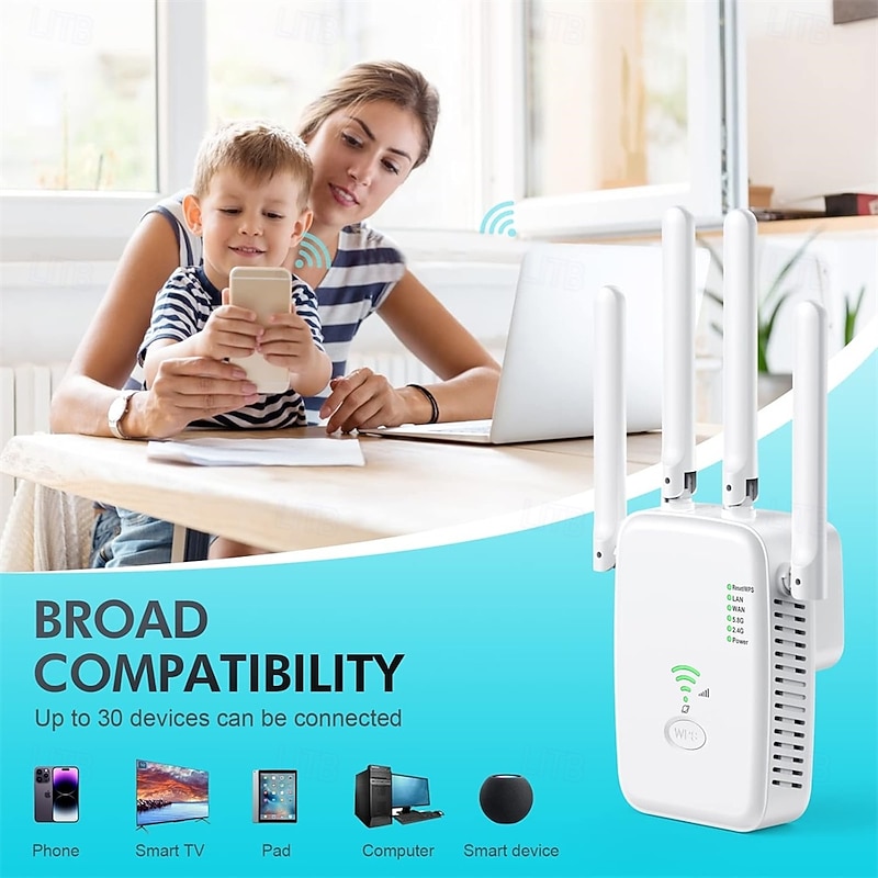 WLAN Repeater 1200 Mbit/s WLAN Amplifier WiFi Repeater Dual Band 5 GHz & 2.4 GHz WiFi Extender 2 Ethernet LAN/WAN Ports WPS with Repeater/Router/AP Mode2