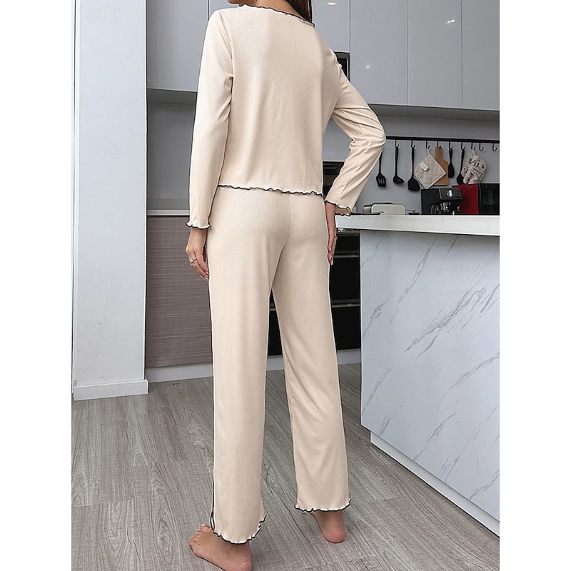 Women's Pajama Set Pure Color Casual Comfort Home Daily Comfort Warm V Neck Long Sleeve T shirt Pant Button Up Elastic Waist Fall Winter Home Outfits4