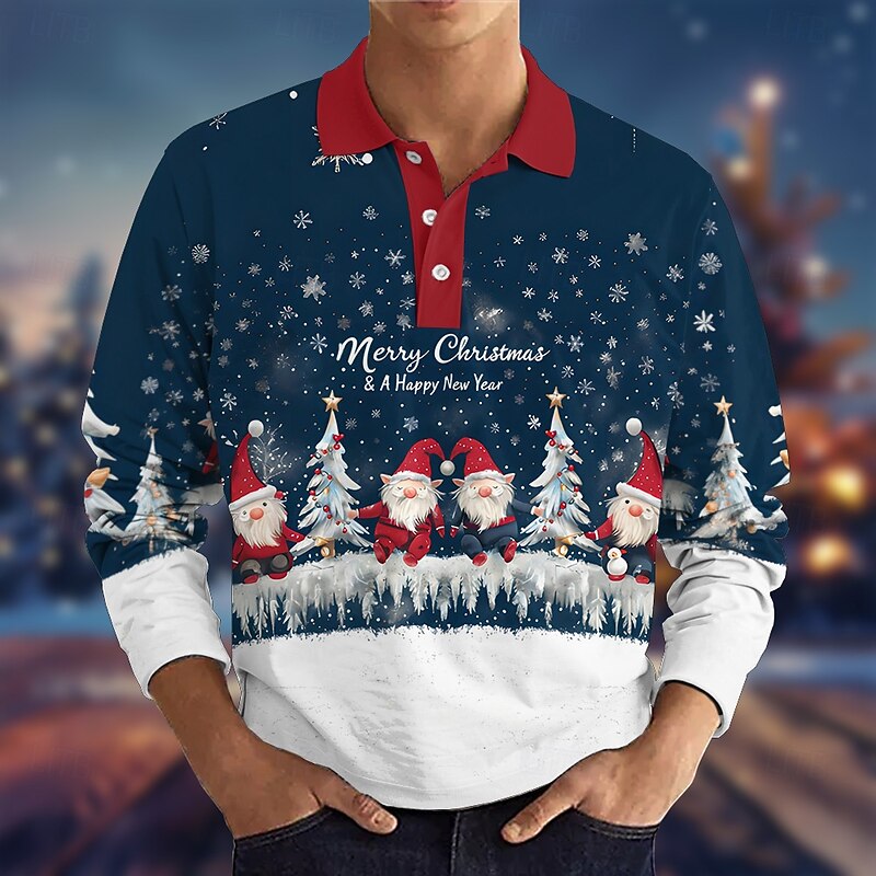 Christmas Men's Elf Polo Shirts Golf Polos Shirts Long Sleeve Polo Shirts Collar Casual Vacation Dailywear 3D Print Buttons Spring Fall & Winter Blue