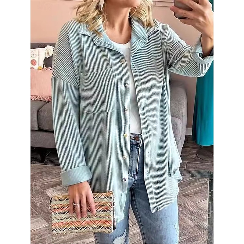 Women's Casual Jacket Outdoor Street Daily Wear Fall Regular Coat Regular Fit Thermal Warm Breathable Stylish Casual Jacket Long Sleeve Stripes and Plaid with Pockets Print Black Blue Khaki