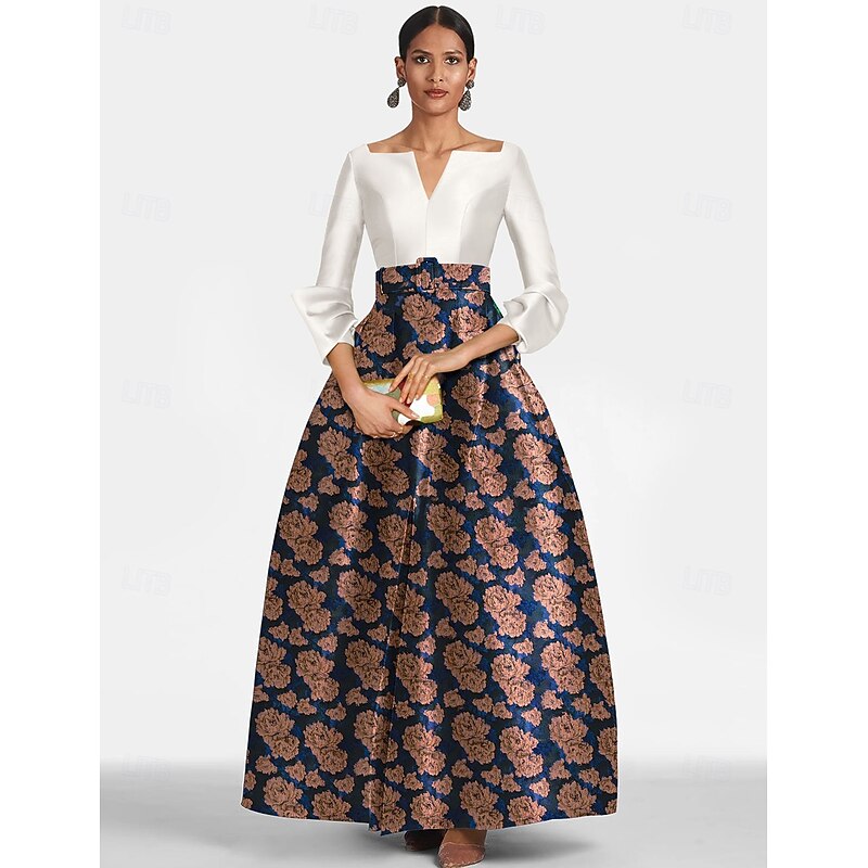 A-Line Evening Gown Brocade Floral Elegant Dress Formal Floor Length 3/4 Length Sleeve V Neck Pocket Satin with Print Wedding Guest Dress4