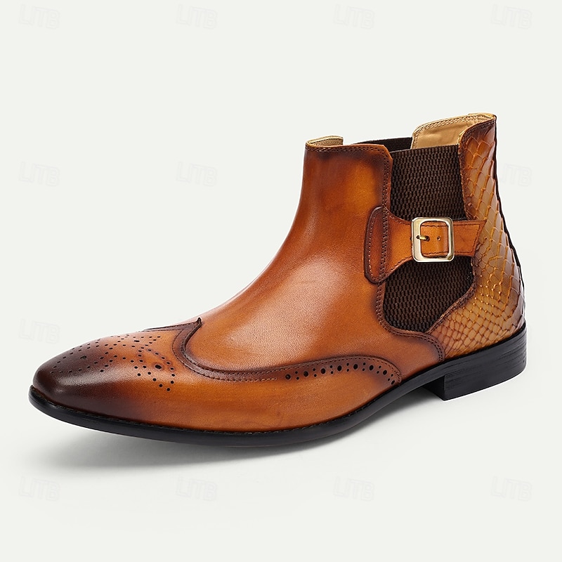 Men's Brown Ankle Boots with Brogue Detailing & Snakeskin Accent - Premium Cowhide Leather Dress Boots for Formal & Casual Wear3