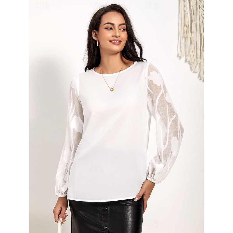 Women's Tunic Solid Color Modern Casual Long Sleeve Crew Neck Regular Tops Daily Patchwork White Spring Fall4
