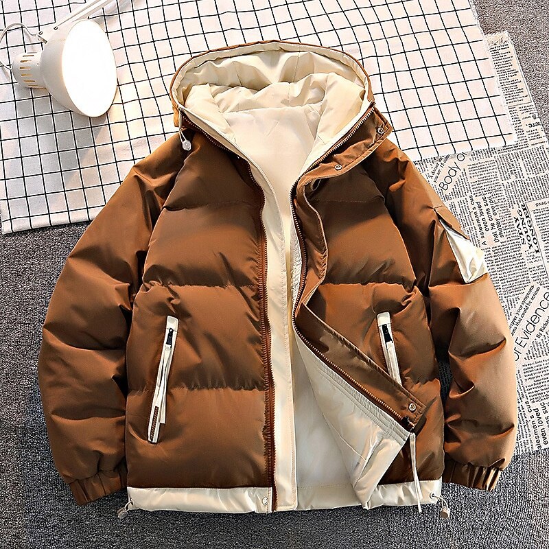 Men's Winter Coat Puffer Jacket Padded Jacket Hoodie Jacket Pocket Daily Vacation Going out Regular Fashion Classic Casual Warm Fall & Winter Color Block Black Light Green Coffee Puffer Jacket