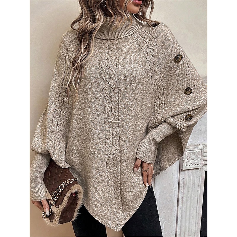 Women's Sweater Pullover Sweater Jumper Casual Soft Pure Color Ribbed Turtleneck Buttons Knitted Batwing Sleeve Long Sleeve Regular Tops Knit Outdoor Daily Weekend Khaki Fall Winter3