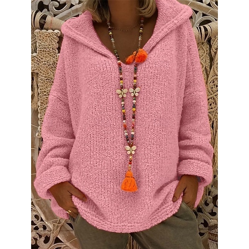 Women's Sweater Pullover Sweater Jumper Casual Soft Pure Color Ribbed Hooded Knitted Long Sleeve Regular Tops Knit Outdoor Daily Weekend Pink Orange Fall Winter