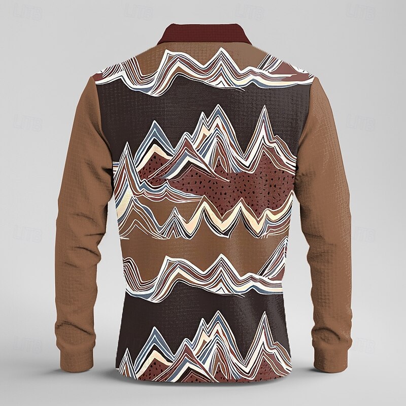 Men's Geometric Waffle Polo Shirts Long Sleeve Polo Shirts Collar Vintage Casual Vacation Party Evening Wear Dailywear Buttons 3D Print Spring Fall Winter Brown3