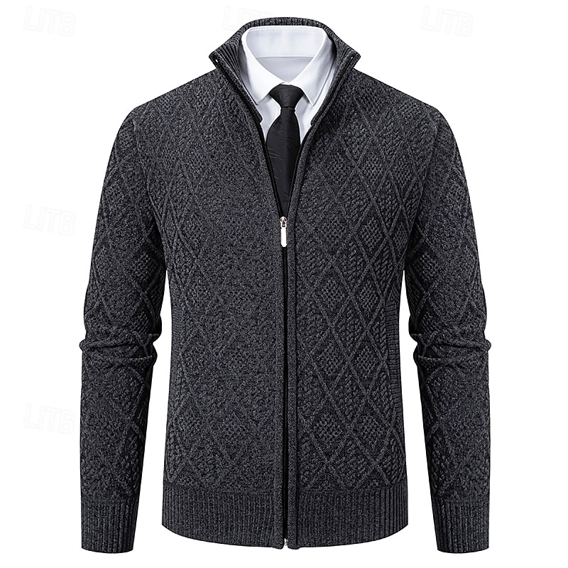 Men's Cardigan Zip Sweater Chunky Knit Regular Zipper Pocket Geometric Standing Collar Knitwear Elegant Home Work Clothing Apparel Bishop Sleeve Spring Fall Black Navy Blue M L XL 6
