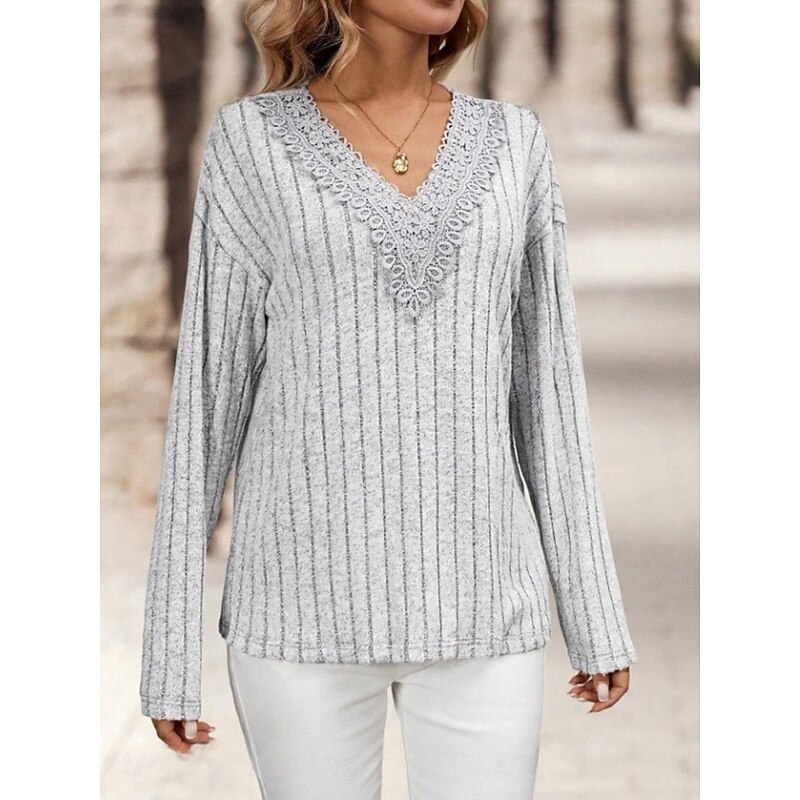 Women's Elegant Lace Tops Eyelet Blouse Casual Solid Color Regular Tops Long Sleeve V Neck Lace Regular Fit Daily Gray Romantic Petite Tops Summer Holiday Wear Semi Formal Blouses3