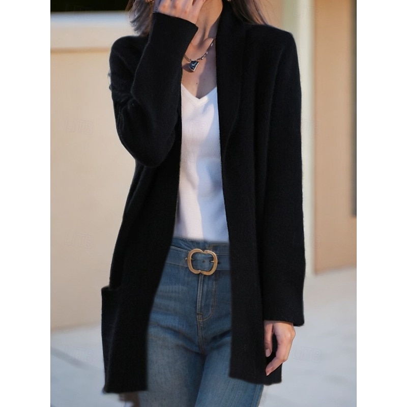 Women's Sweater Cardigan Sweater Jacket Shirt Collar Knit Pocket Knitted Spring Fall Home Daily Weekend Daily Casual Soft Long Sleeve Pure Color Black Camel2