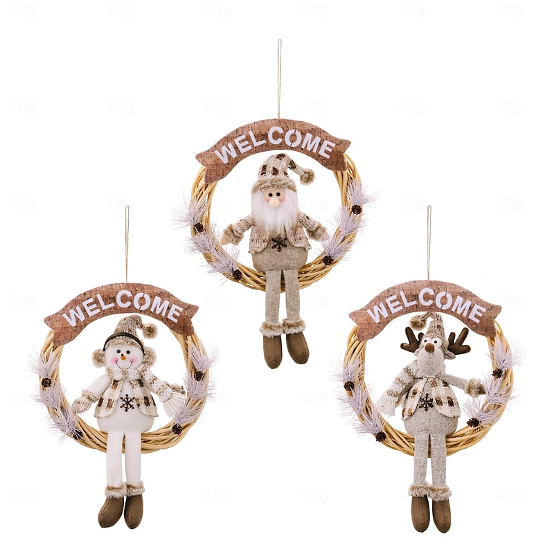 Christmas White Pine Needle Wreath Decorations, Santa Claus and Snowman Figurines, Reindeer Ornaments, Festive Holiday Hanging Wreath for Home Decor3