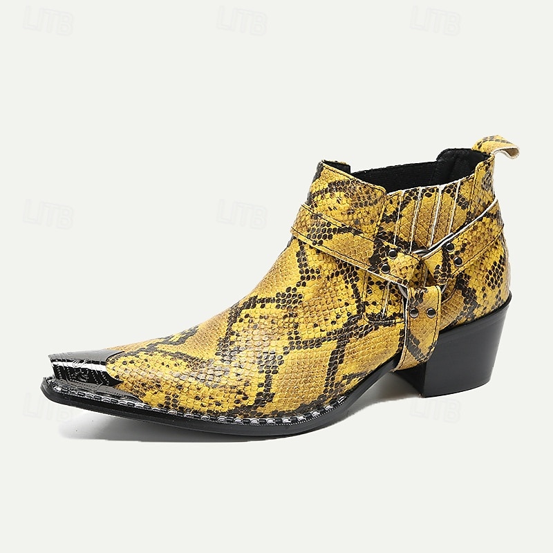 Men's Yellow Snakeskin Leather Motorcycle Boots–Western Style Pointed Toe Ankle Boots with Gold Tip Buckle Straps for Bold Fashion Statements3