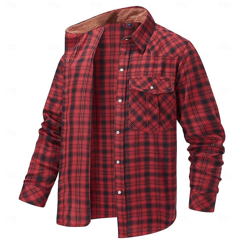 Men's Shirt Flannel Shirt Overshirt Plaid Outdoor Street Red Dark Navy Green Khaki Long Sleeve Collar Winter Spring &  Fall Clothing Apparel
