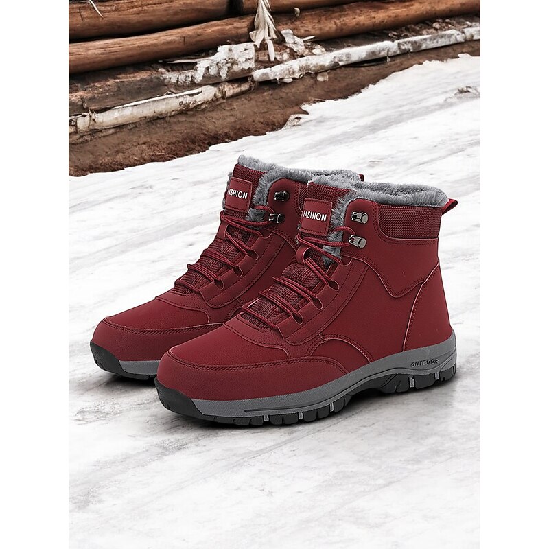 Women's Waterproof Winter Snow Boots - Red Lace-Up Ankle Boots with Faux Fur Lining, Non-Slip Sole, Perfect for Outdoor Activities and Cold Weather2