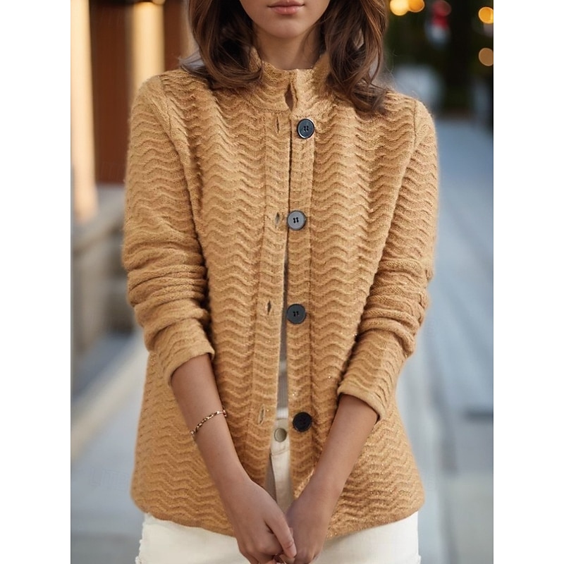Women's Sweater Cardigan Sweater Jacket Stand Collar Knit Button Knitted Spring Fall Home Daily Weekend Vintage Daily Soft Long Sleeve Pure Color Camel Beige3