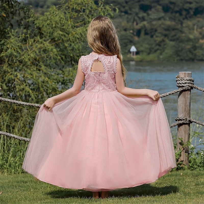 Kids Girls' Flower Girl Dress Party Dress Solid Color Sleeveless Performance Wedding Party Mesh Backless Patchwork Elegant Sweet Polyester Lace Maxi Party Dress Swing Dress Tulle Dress Spring Fall2