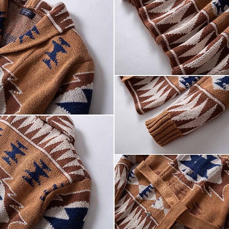 Men's Jacquard Sweater Cardigan Sweater Cropped  Sweater Ribbed Knit Regular Button Up Knitted Vintage Shawl Collar Fashion Classic Daily Wear Date Clothing Apparel Fall & Winter Brown M L XL3