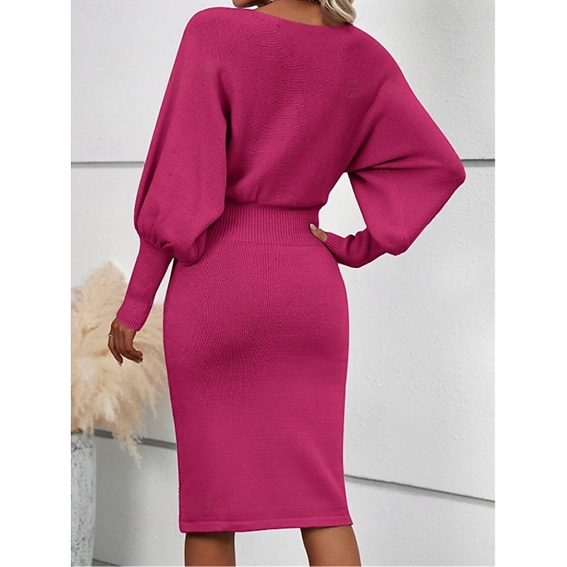 Women's Sweater Dress Casual Soft Pure Color Ribbed Crew Neck Knitted Long Sleeve Long Tops Knit Outdoor Daily Weekend Black Fuchsia Fall Winter3