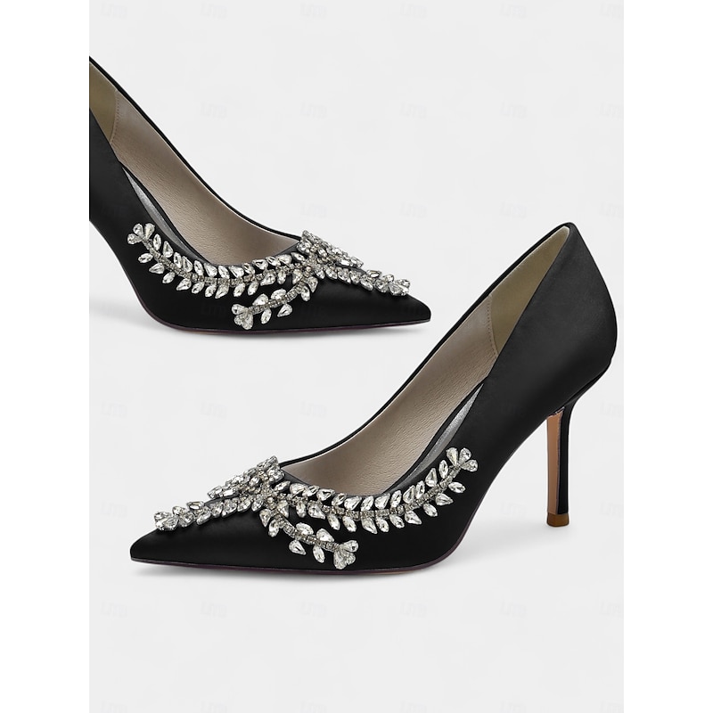 Women's Rhinestone-Embellished Satin Stiletto Heels – Elegant Pointed Toe Pumps for Evening Parties and Formal Events 12