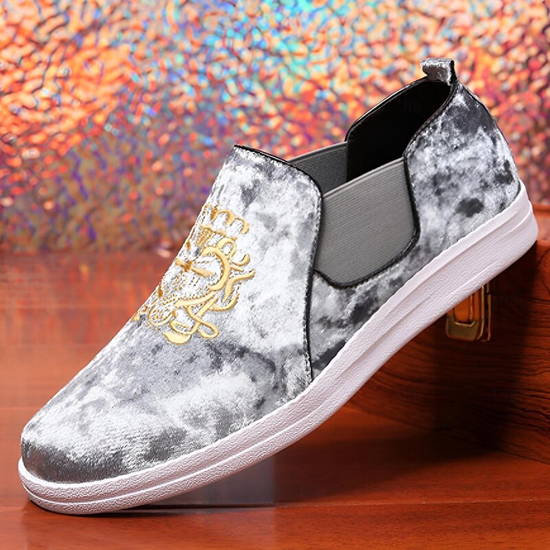 Men's Burgundy Velvet Slip-On Loafers with Golden Embroidery and White Sole – Luxurious Casual Shoes for Parties and Events2