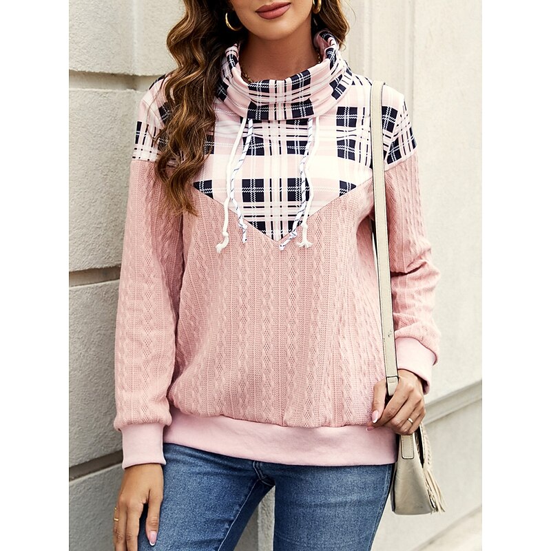 Women's Sweatshirt Casual Plaid Street Dailywear Pile Neck Print Long Sleeve Pink Green Gray Fall Winter