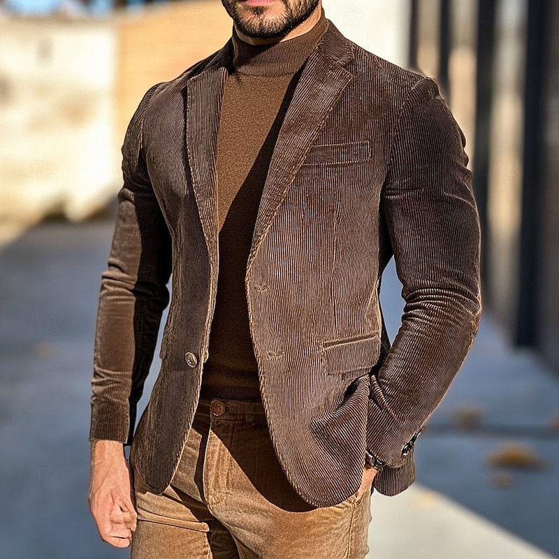 Men's Blazer Jacket Sport Coat Notch Collar Vintage Classic Solid Colored Blazer Brown Standard Fit Single Breasted Two-buttons2