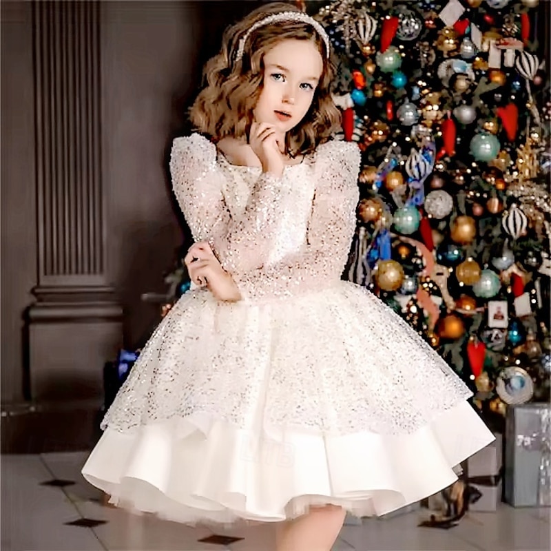 Kids Girls' Party Dress Solid Color Long Sleeve Performance Wedding Party Mesh Princess Sweet Mesh Mid-Calf Sheath Dress Tulle Dress Summer Spring Fall kids White Champagne2