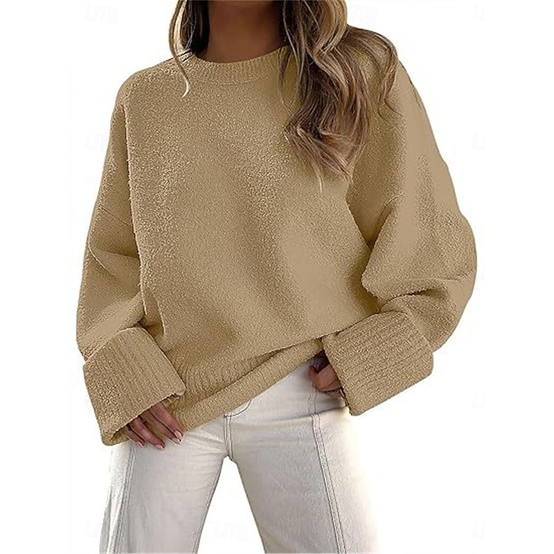 Women's Sweater Pullover Sweater Jumper Casual Soft Pure Color Ribbed Crew Neck Knitted Long Sleeve Regular Tops Knit Outdoor Daily Weekend Black White Fall Winter2
