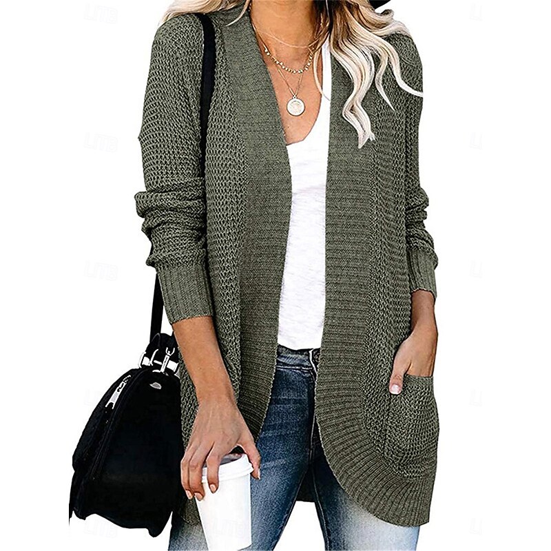 Women's Sweater Cardigan Casual Soft Pure Color Ribbed V Neck Pocket Knitted Long Sleeve Regular Tops Knit Outdoor Daily Weekend Army Green Gray Fall Winter2