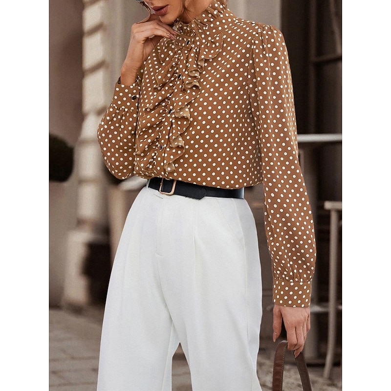 Women's Shirt Blouse Polka Dot Casual Long Sleeve Turtleneck Regular Tops Daily Ruffle Patchwork Buttons Black Brown Fall Winter4