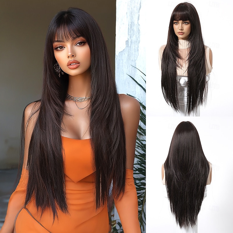 Synthetic Wig Uniforms Career Costumes Princess Straight kinky Straight Middle Part Layered Haircut With Bangs Machine Made Wig 30 inch Dark Brown Synthetic Hair Women's Cosplay Party Fashion Dark