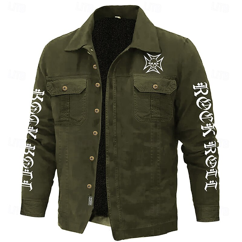 Men's Cool Skulls Letter Printed Work Shirt Western Shirt Cargo Shirt Long Sleeve Casual Sports & Outdoor Going out Fall Winter Turndown Print Black Army Green2